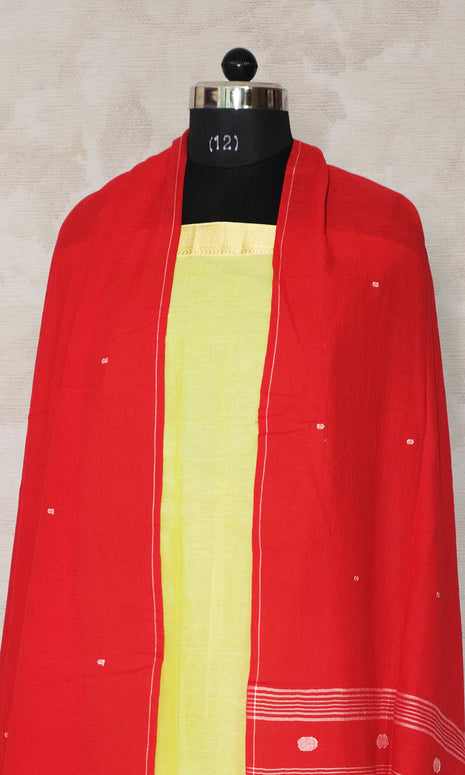 Light Lime Green & Red Cotton Dress Material