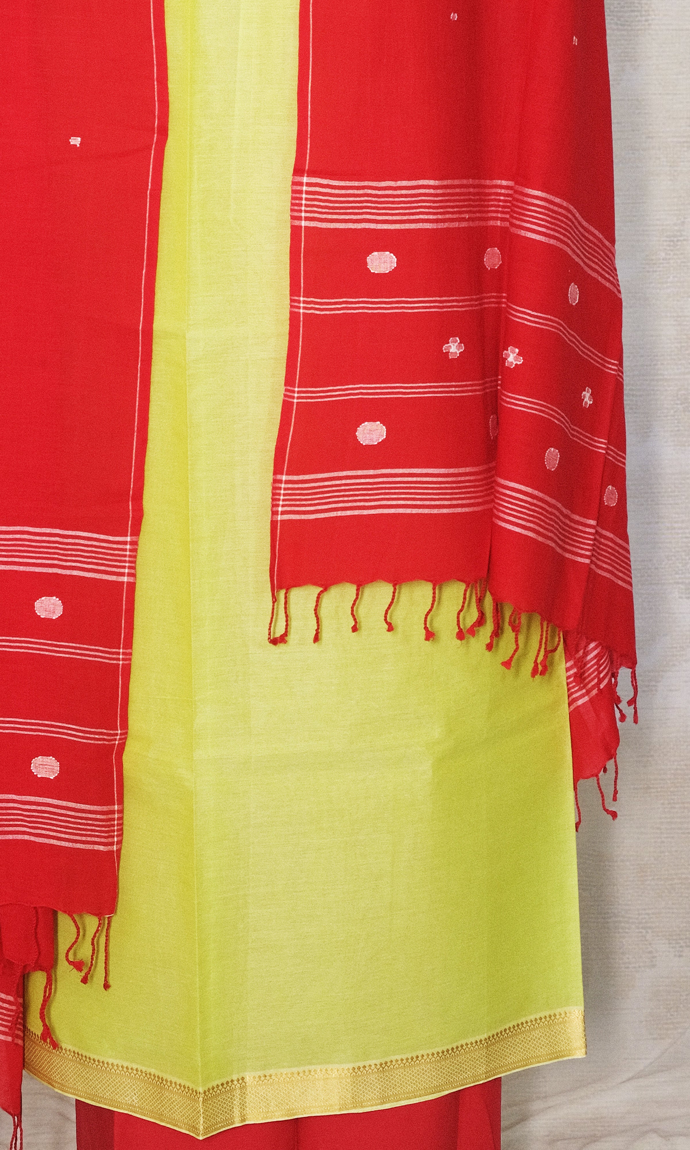 Light Lime Green & Red Cotton Dress Material