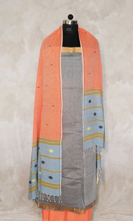 Grey & Peach Cotton Dress Material