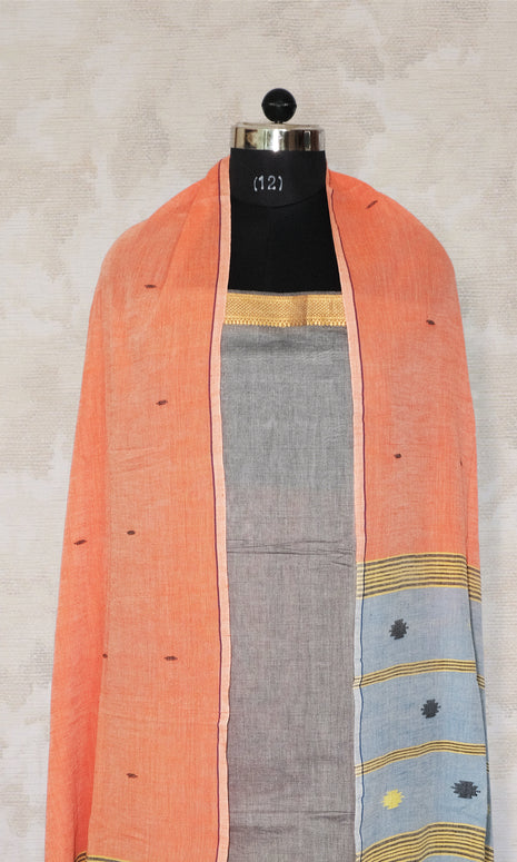 Grey & Peach Cotton Dress Material