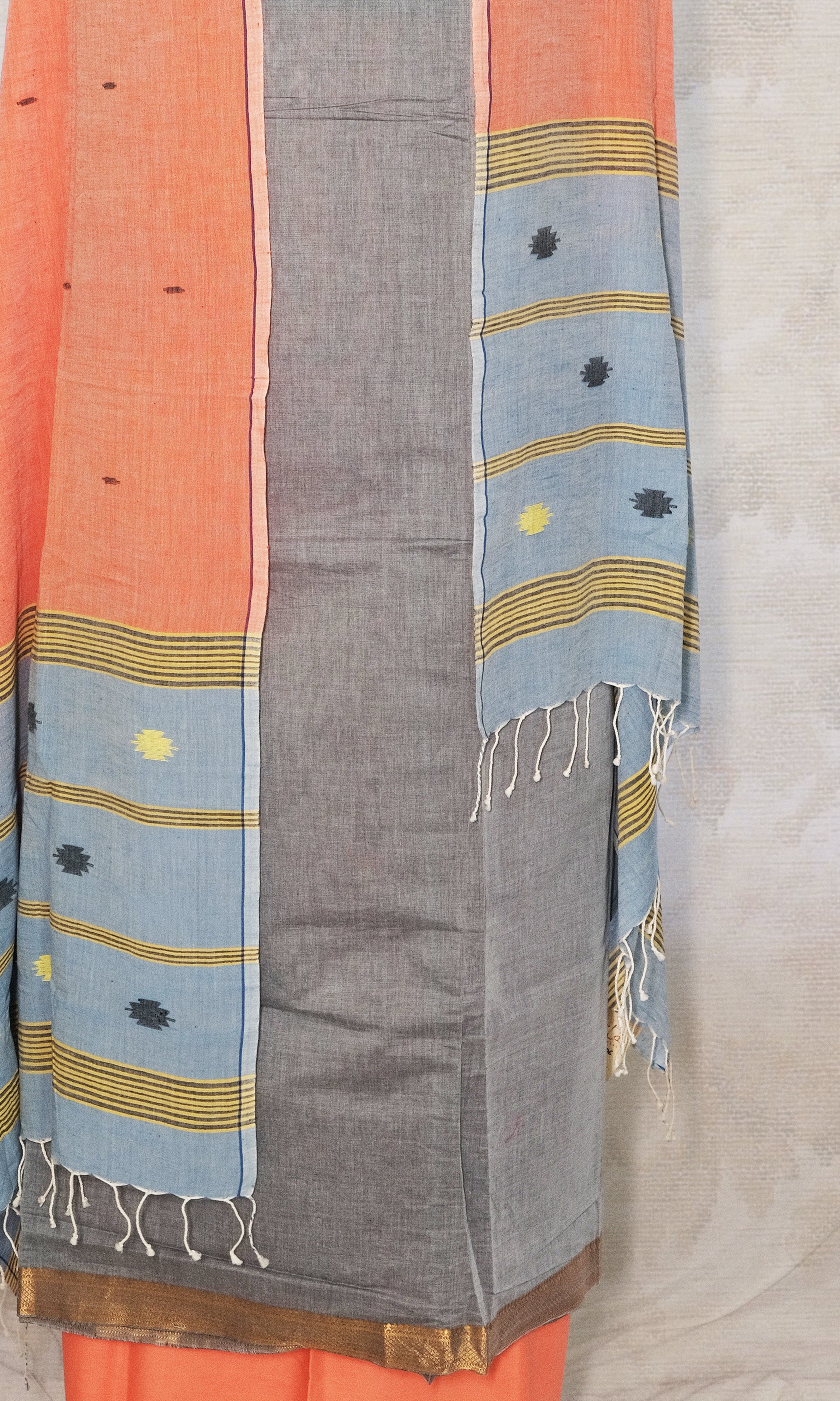 Grey & Peach Cotton Dress Material