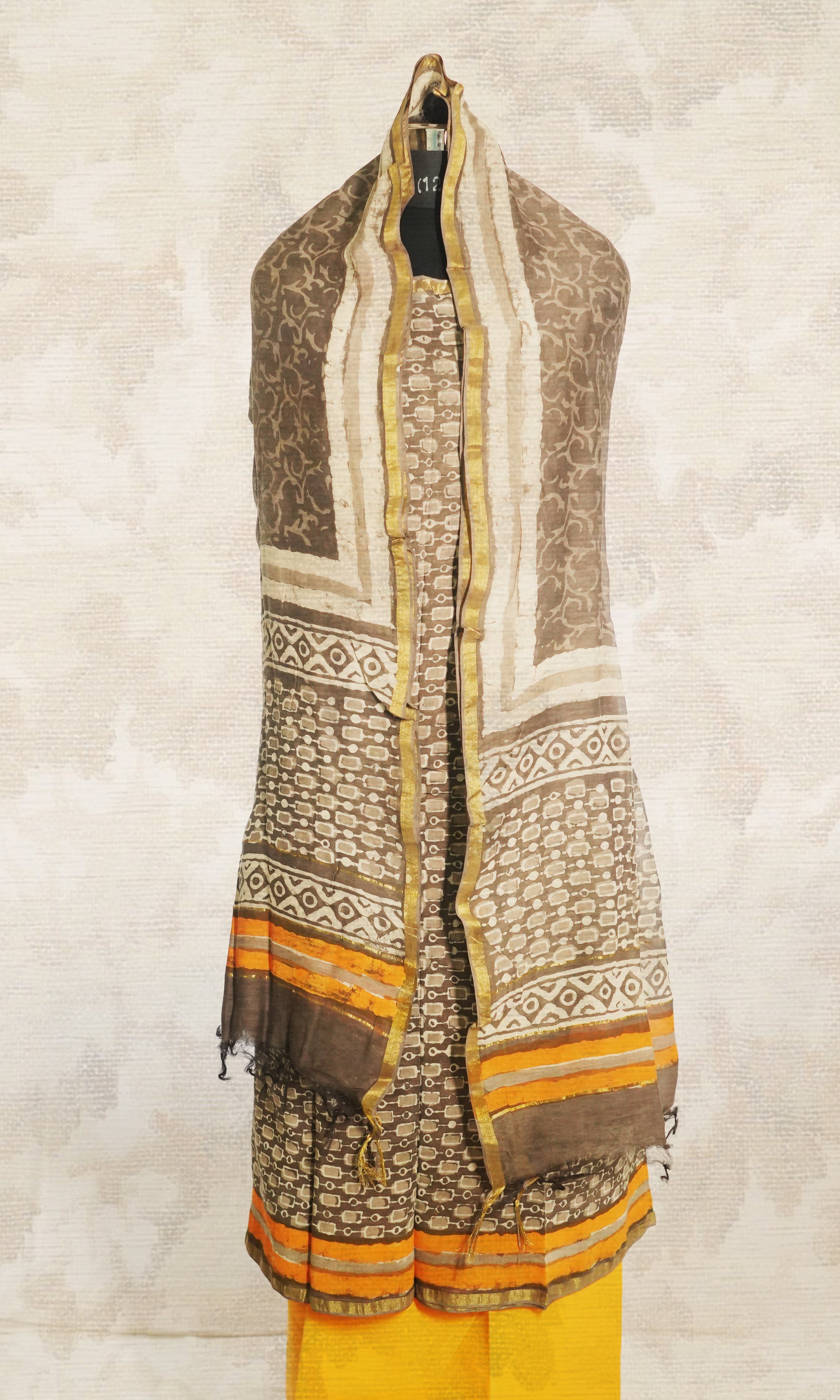 Yellow & Grey Brown Chanderi Dress Material
