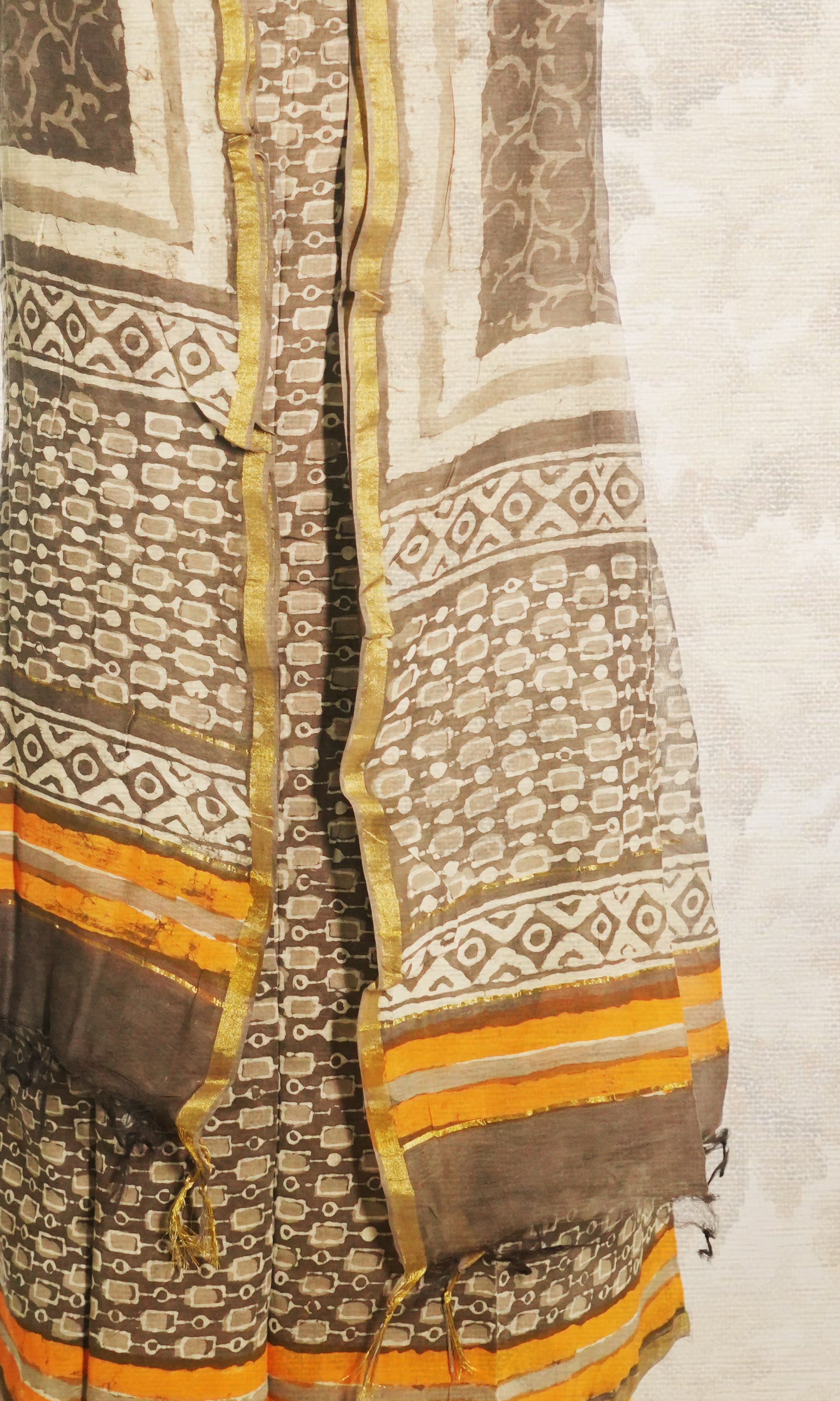 Yellow & Grey Brown Chanderi Dress Material