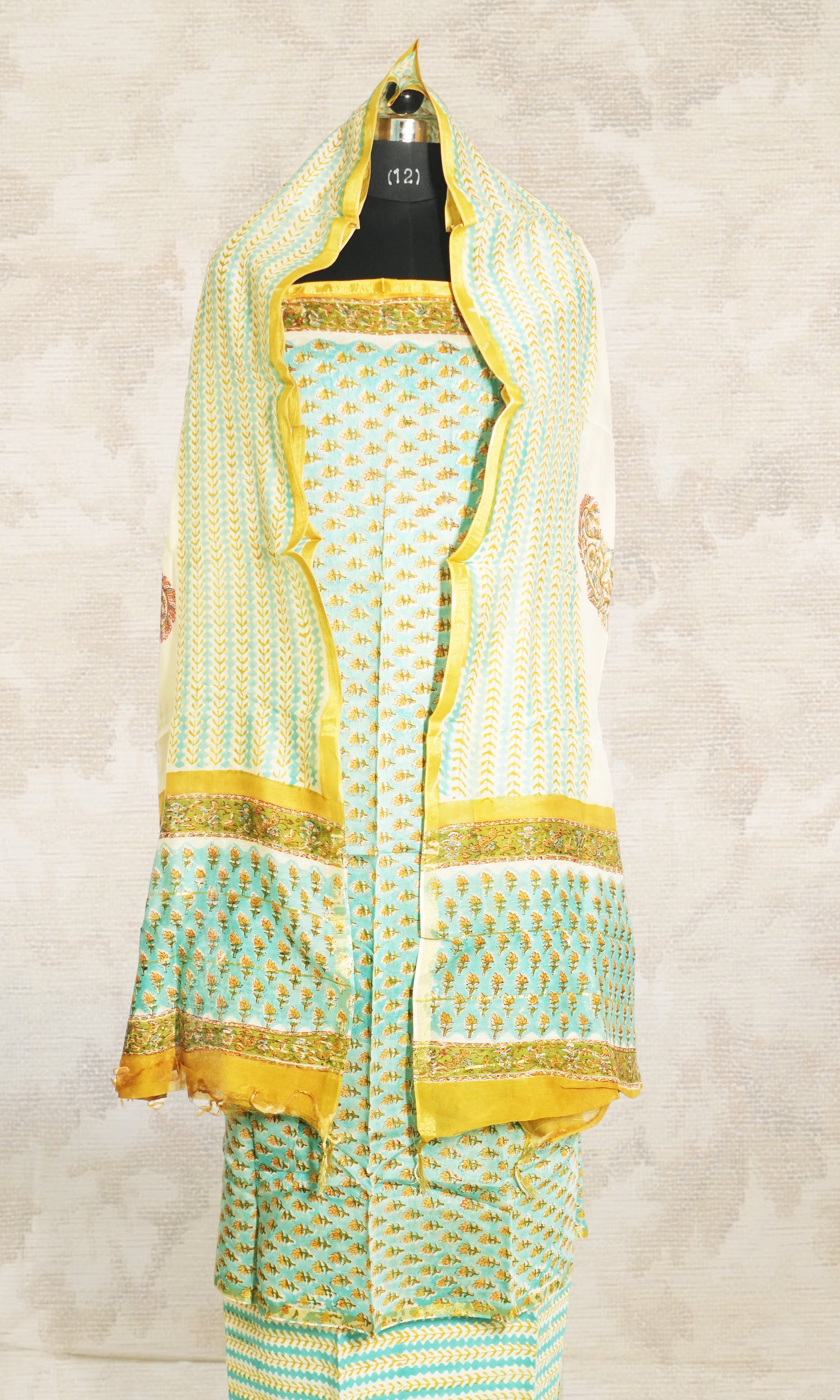 Firozi & Yellow Chanderi Dress Material