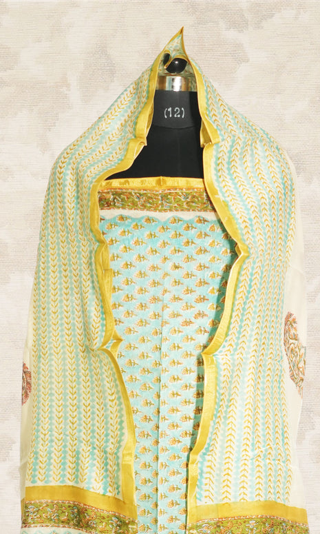 Firozi & Yellow Chanderi Dress Material