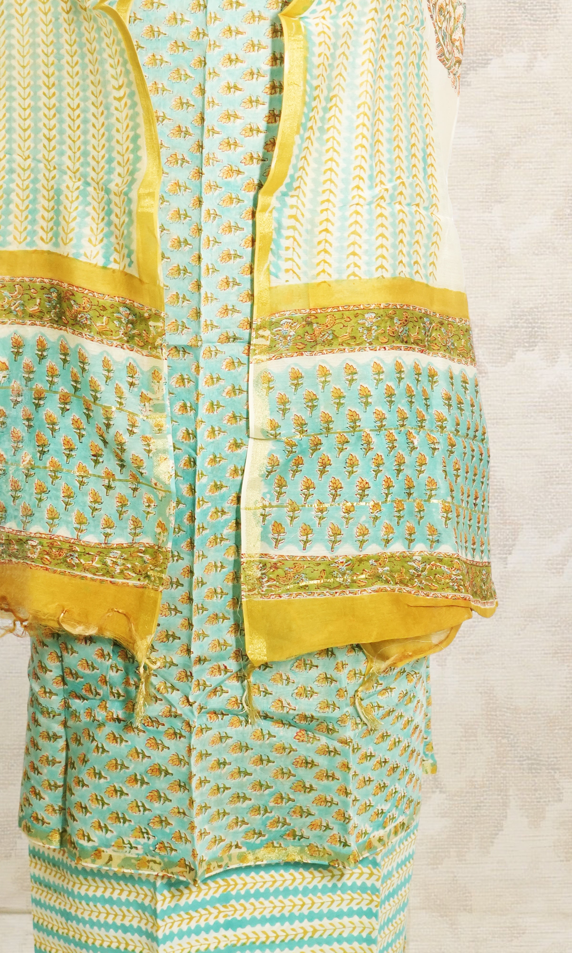 Firozi & Yellow Chanderi Dress Material