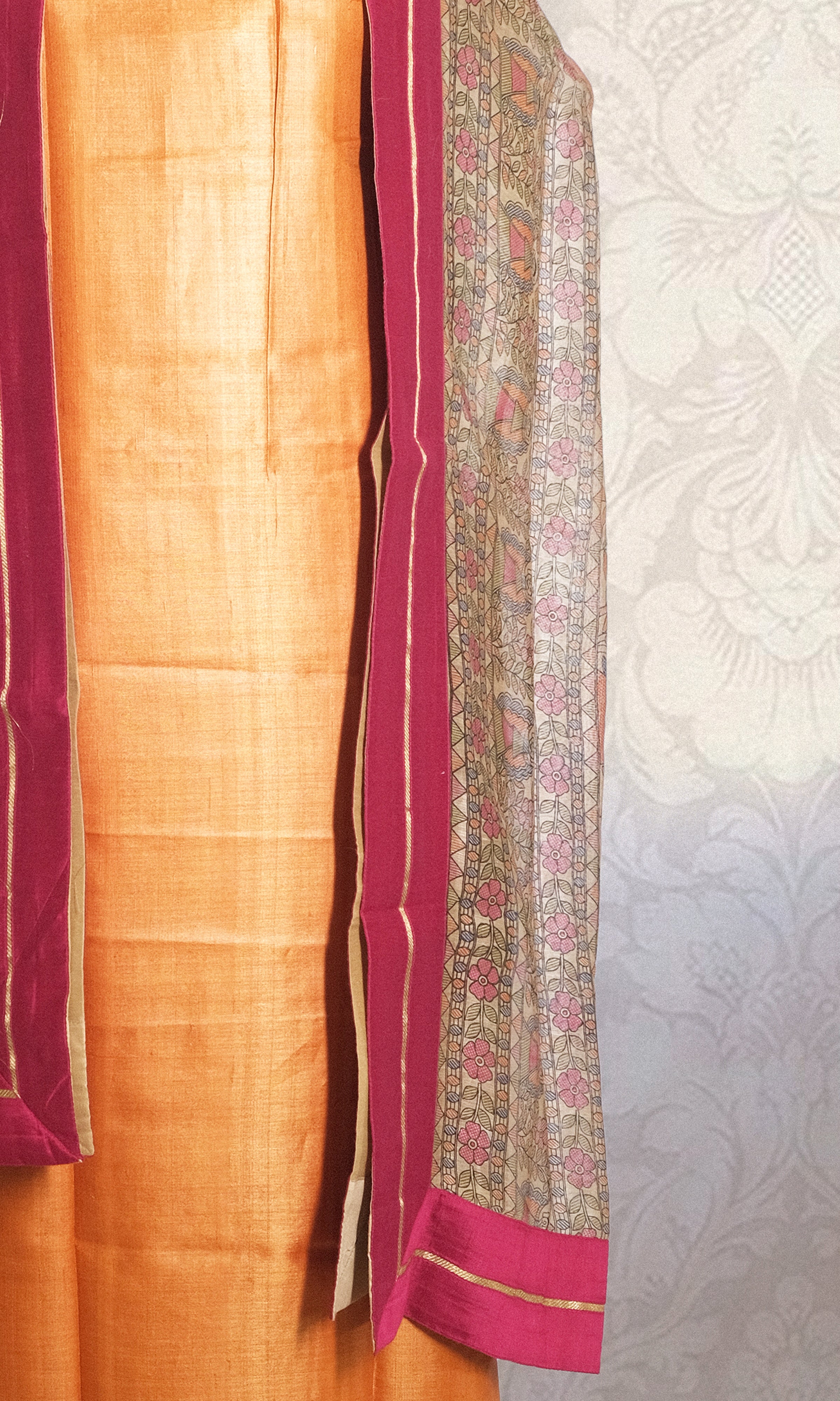 Pink & Light Orange Tussar Dress Material