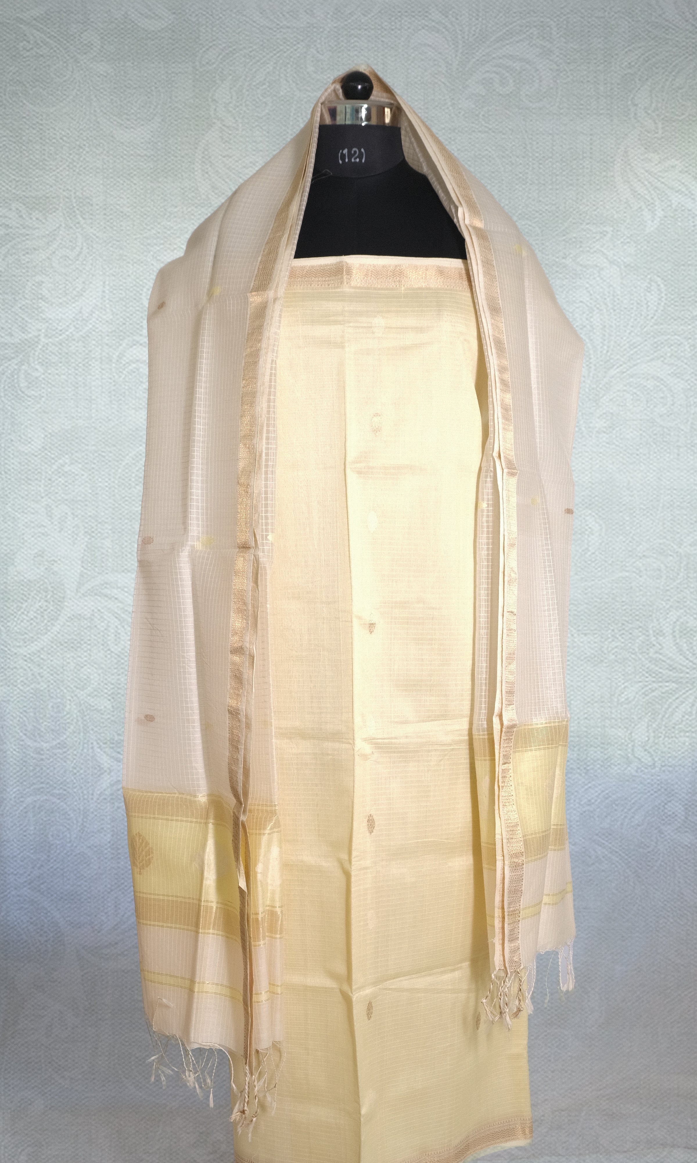 White & Very Light Lemon Yellow Traditional Gold Butti & Border Maheshwari Silk Dress Material