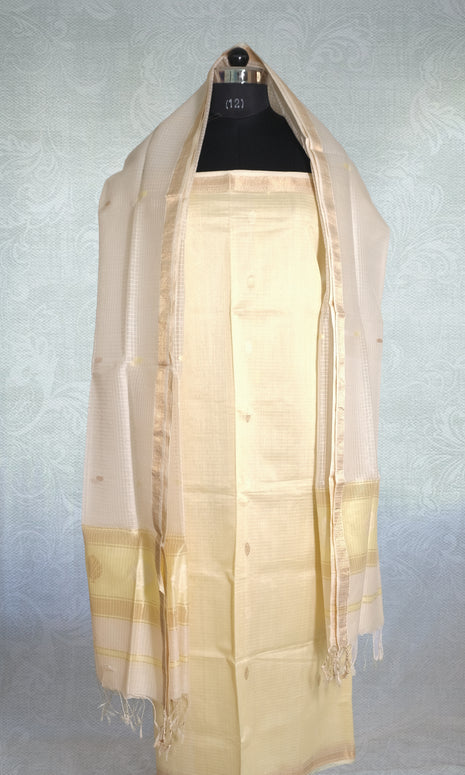 White & Very Light Lemon Yellow Traditional Gold Butti & Border Maheshwari Silk Dress Material
