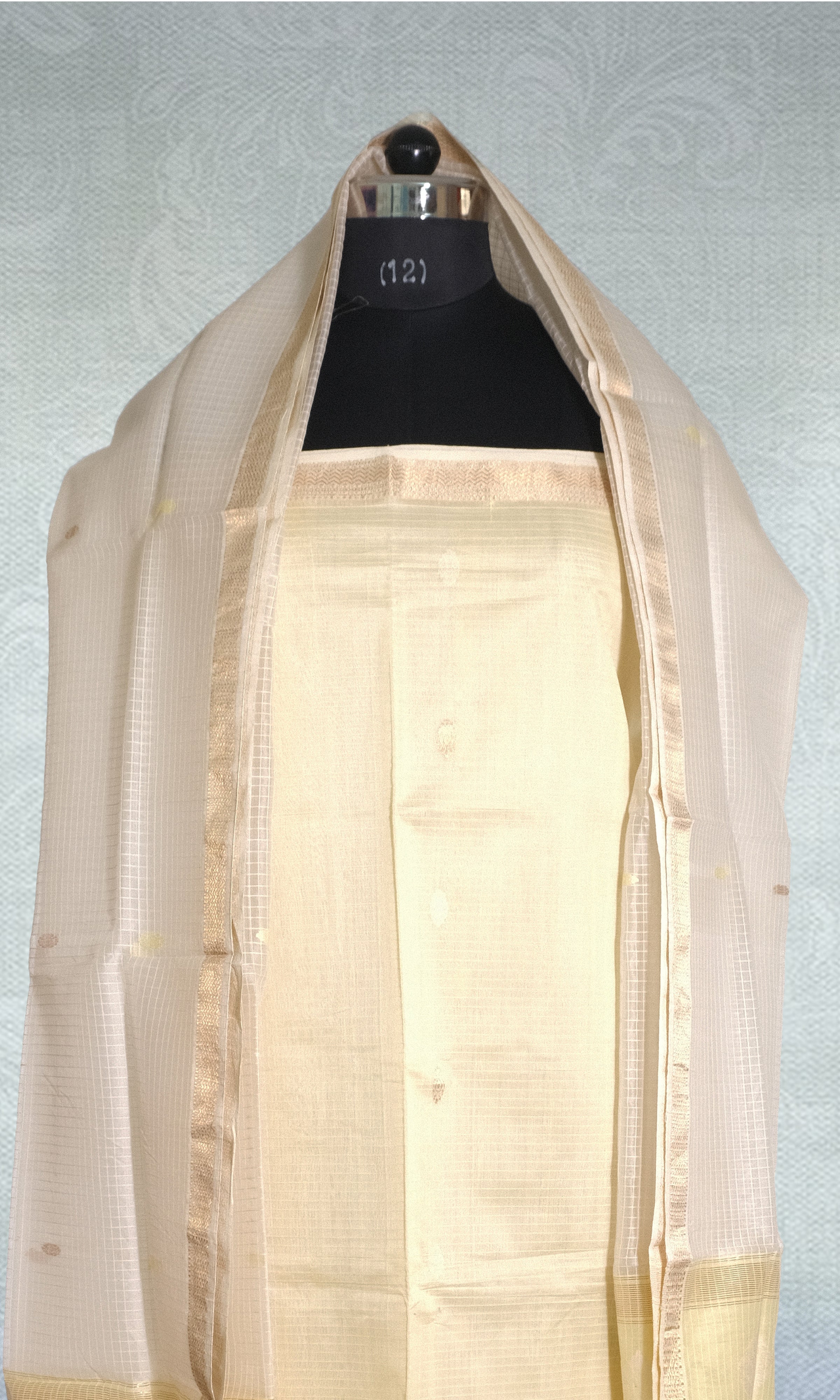 White & Very Light Lemon Yellow Traditional Gold Butti & Border Maheshwari Silk Dress Material