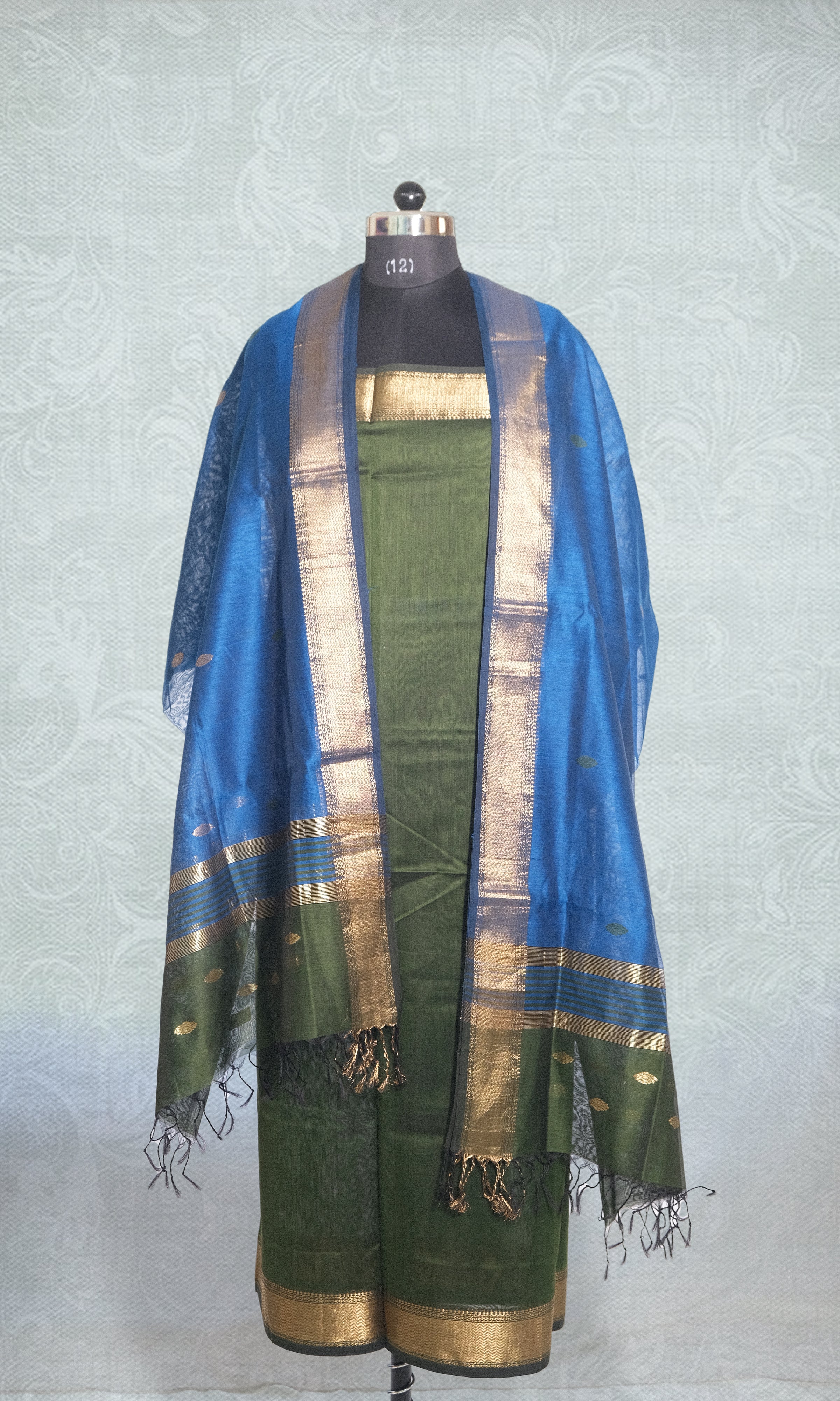 Dark Leafy Green & Blue Silk Maheshwari Dress Material