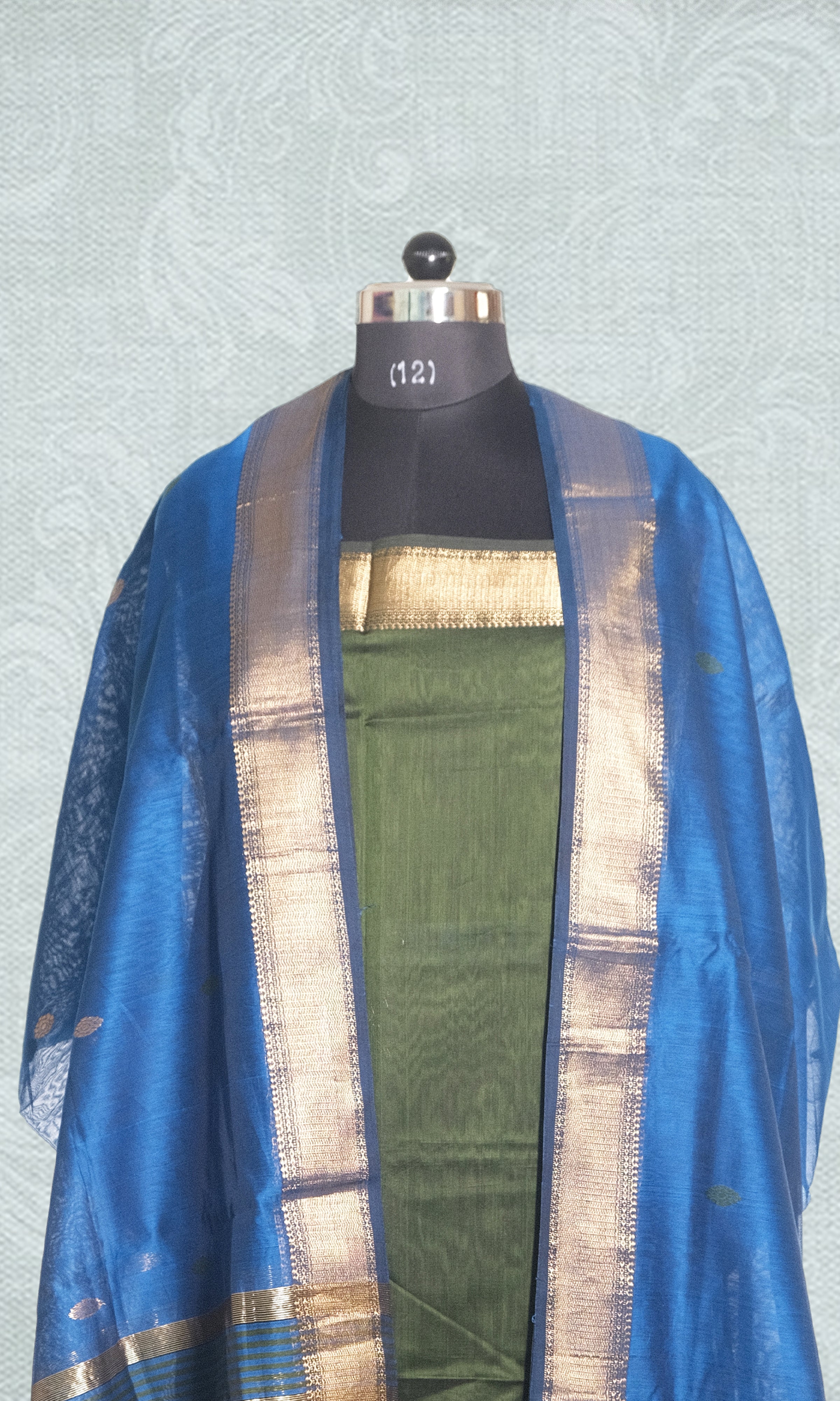 Dark Leafy Green & Blue Silk Maheshwari Dress Material