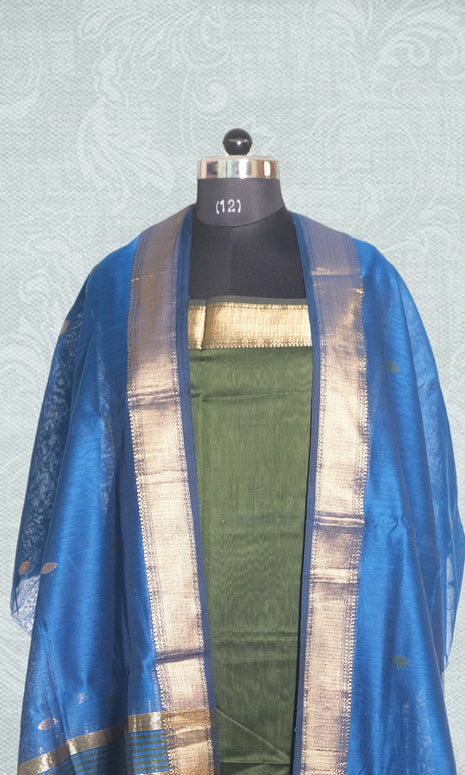 Dark Leafy Green & Blue Silk Maheshwari Dress Material