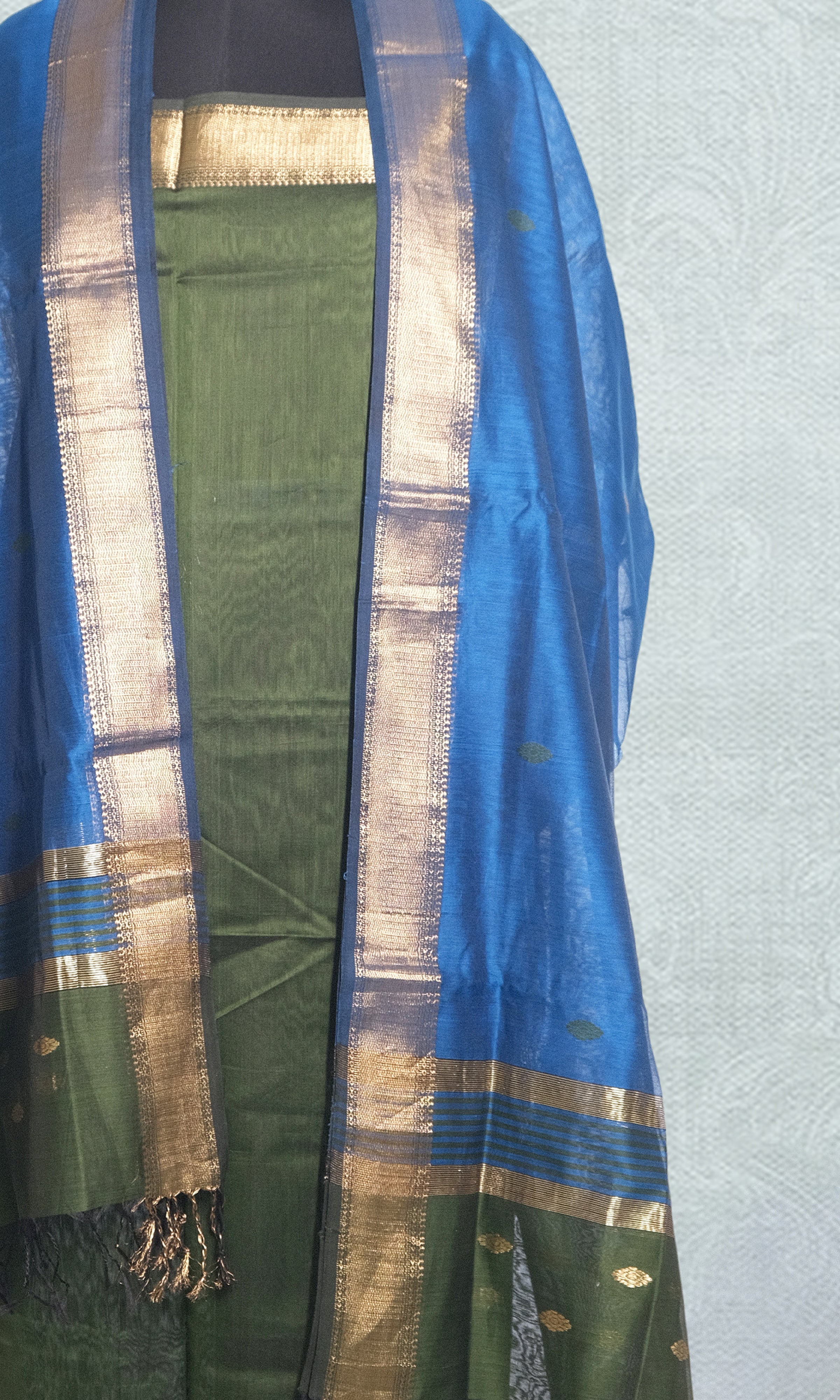 Dark Leafy Green & Blue Silk Maheshwari Dress Material