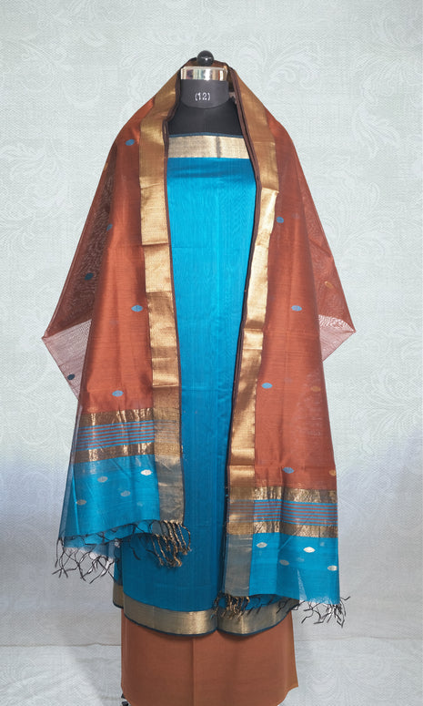 Blue & Coffee Handwoven Maheshwari Dress Material