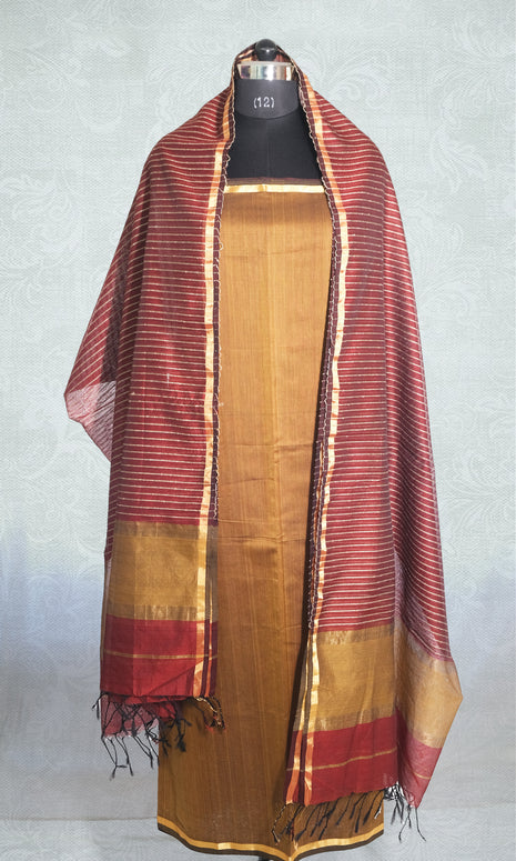 Dark Mustard & Maroon Hand Woven Maheshwari Silk Dress Material