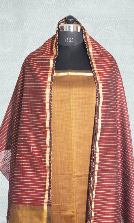 Dark Mustard & Maroon Hand Woven Maheshwari Silk Dress Material