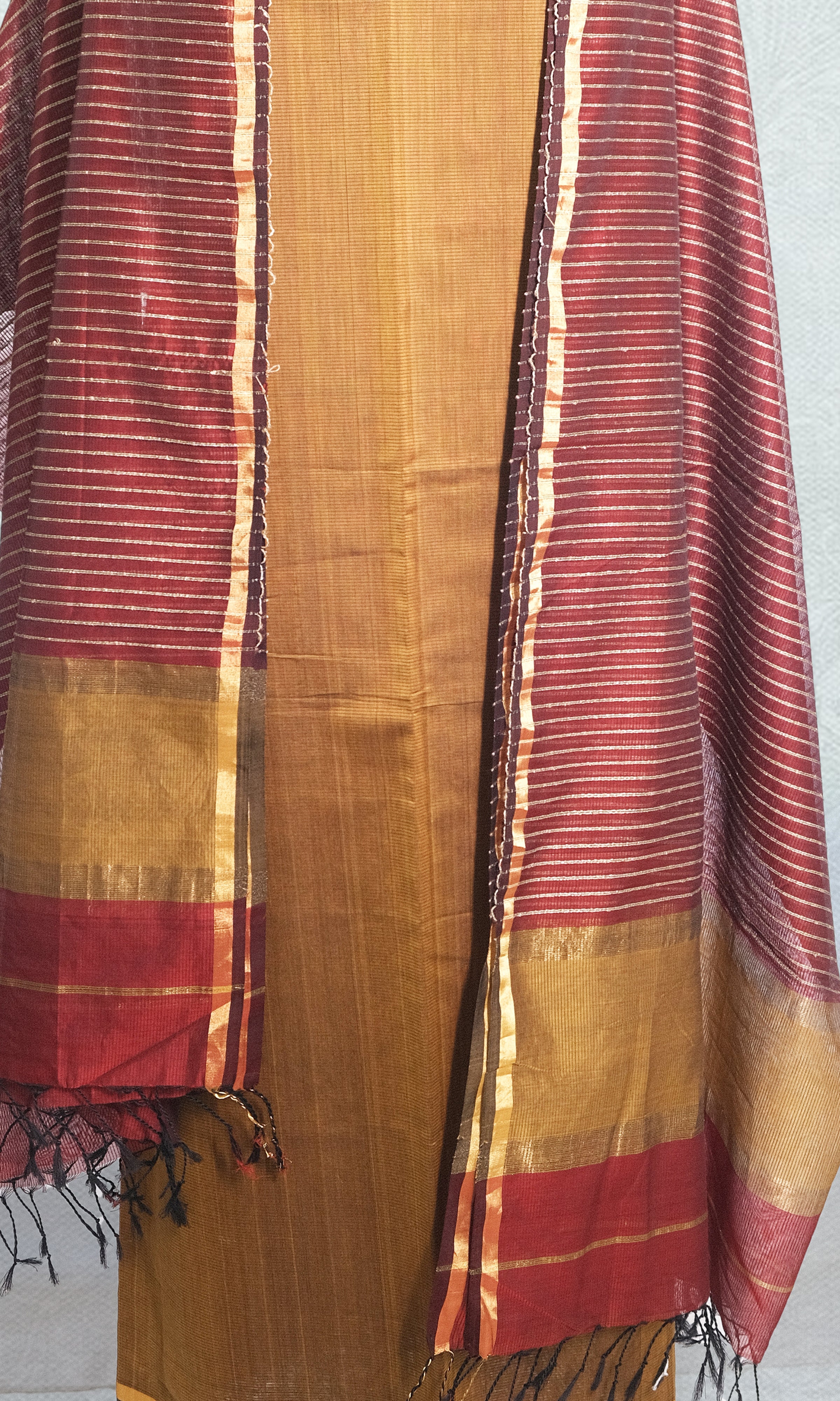 Dark Mustard & Maroon Hand Woven Maheshwari Silk Dress Material