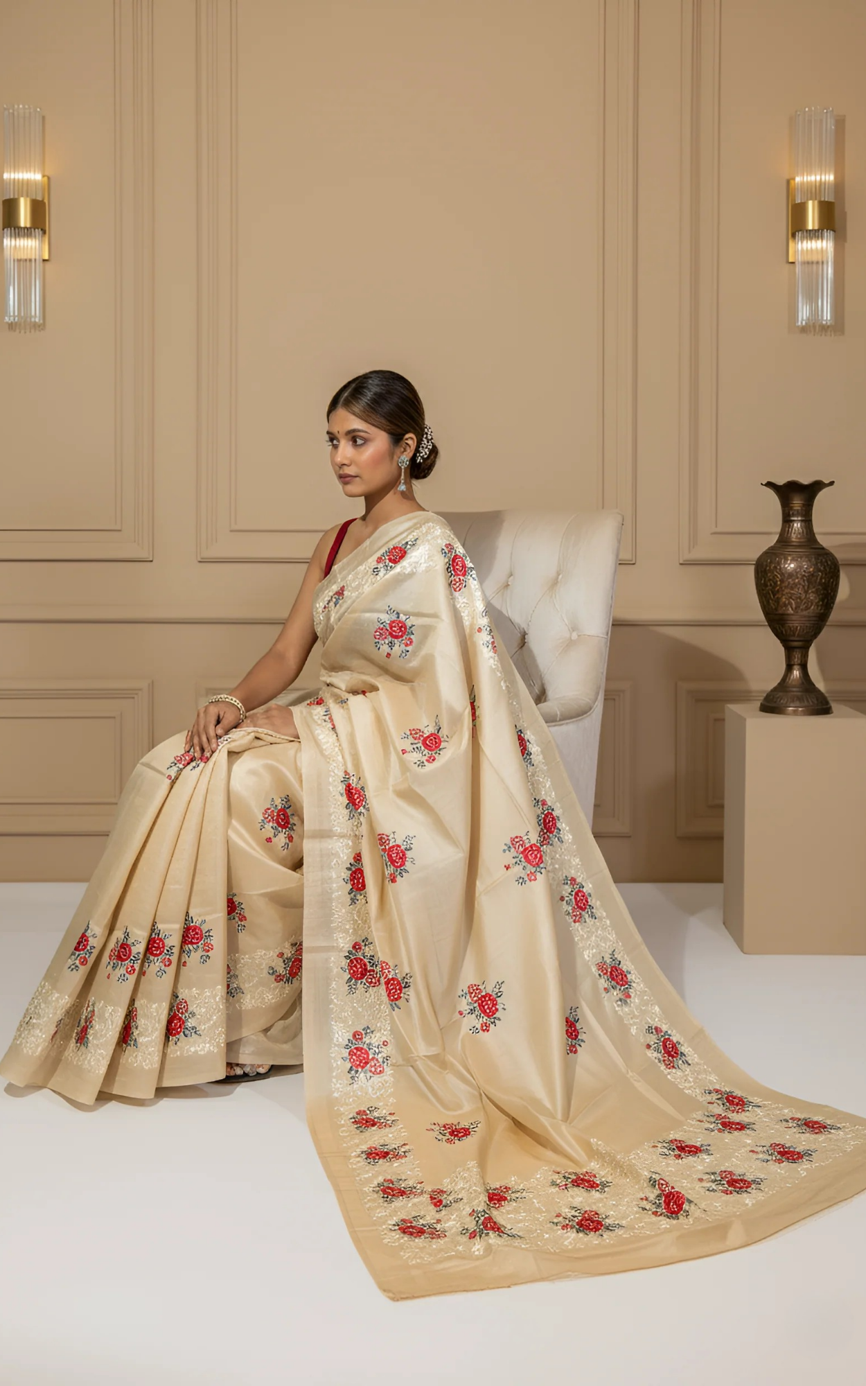 Red Roses Embroidery on Natural Soft Tussar Silk Saree With Blouse Piece