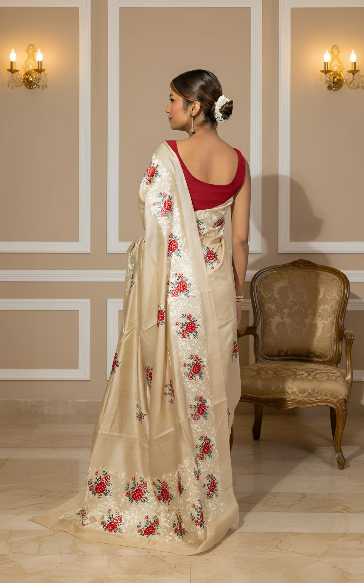 Red Roses Embroidery on Natural Soft Tussar Silk Saree With Blouse Piece