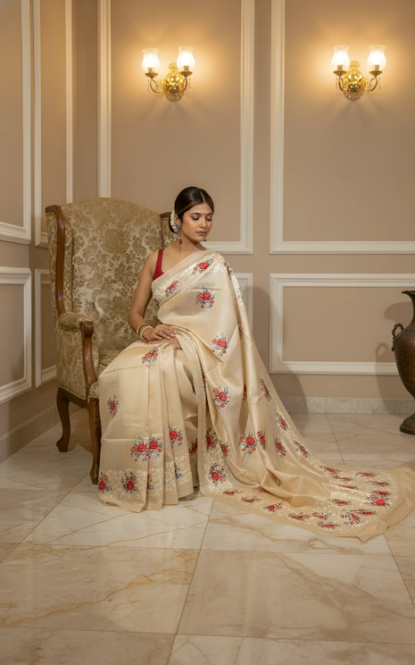 Red Roses Embroidery on Natural Soft Tussar Silk Saree With Blouse Piece
